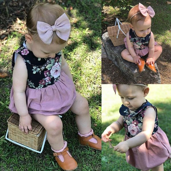 

infant baby girl boys bodysuit flowers print sleeveless peter pan collar jumpsuit playsuit sunsuit outfit set clothes, White