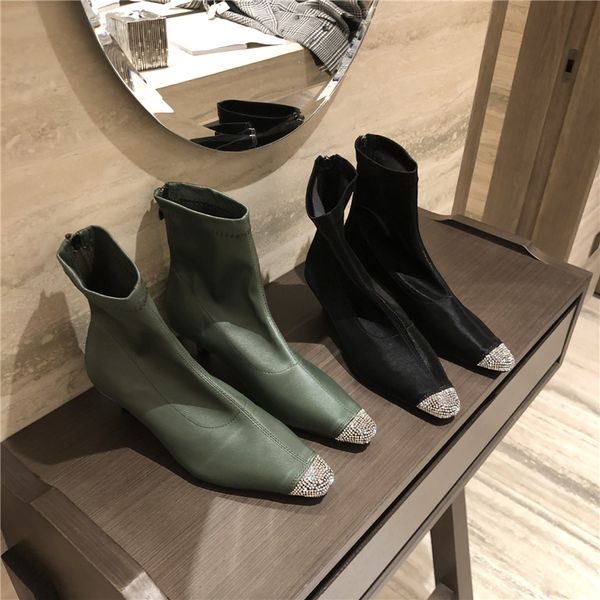 

monmoira rhinestone stretch sock boots elegant kitten heel ankle boots for women square toe winter shoes women swe0885, Black
