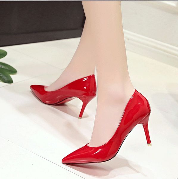 

big size high heels pointed toe pumps patent leather dress shoes thick heels office shoes woman faux suede ladies romeetse, Black
