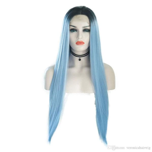 Ombre Blue Dark Roots Long Silky Straight Synthetic Lace Front