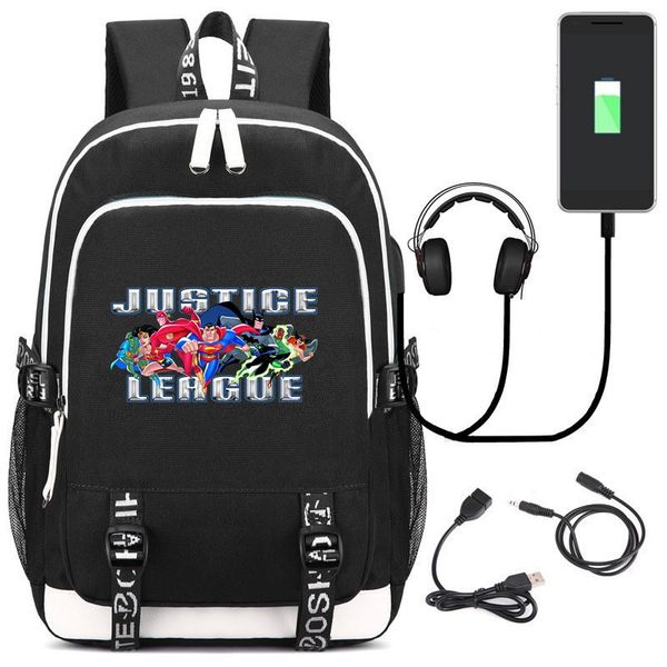 

justice league superhero school backpack bags bookbag usb black shoulder laptravel bags kids teens comics