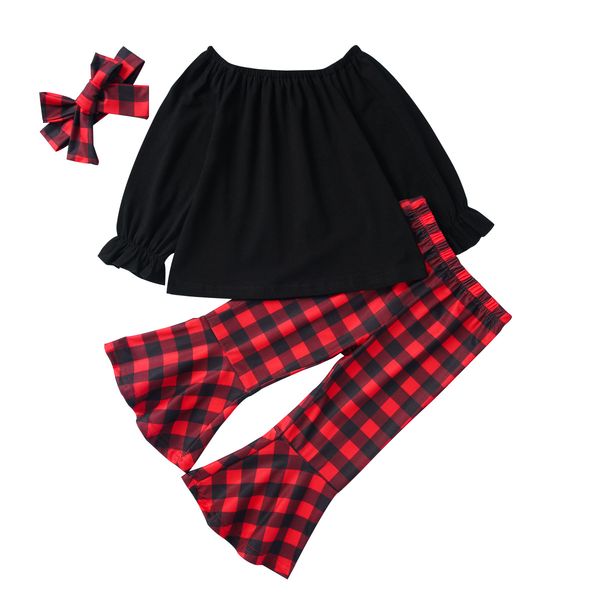 

toddler baby little girls outfits bell sleeve shirt plaid long pants set fall/winter 3pcs clothes set, White