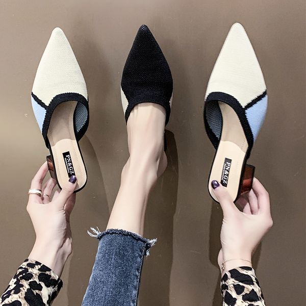 

cover toe flock shoes woman 2019 slippers casual female mule slipers women med square heel heeled mules luxury new block heels, Black