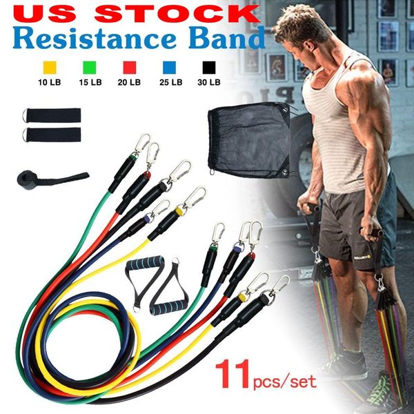 

us stock 11pcs/set exercises resistance bands latex tubes pedal body home gym fitness training workout yoga elastic pull rope equipment