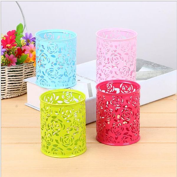 

creative hollow rose embroidered metal circular pen container multi-functional quality desk students stationery storage dhl ing