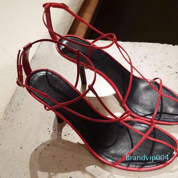 

2019 design gladiator sandals woman open toe black red white narrow leather high heel shoes woman party shoes