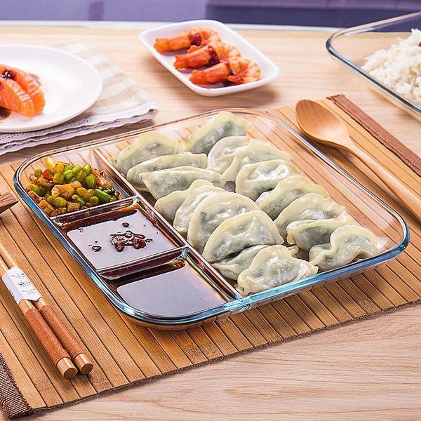 

9" 10 " heat-resistant tempered glass compartment tray rectangle snack dish breakfast fruit food tray western steak dumpling plat