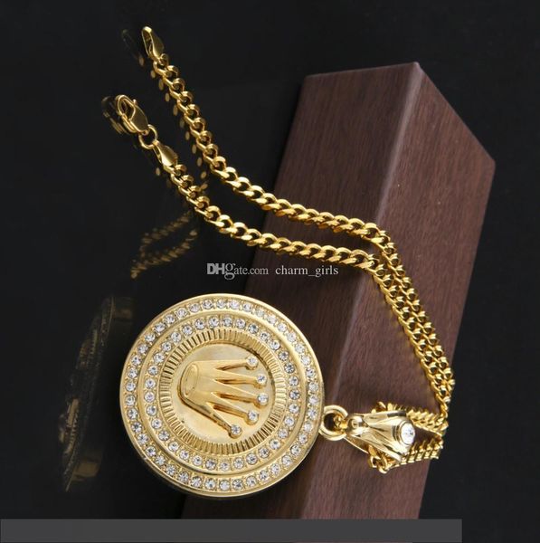 

2020 новая мода человек ювелирные изделия хип-хоп 24k позолоченный король корона кулон обледенелый круглый bling кристалл кулон ожерелье дли, Silver