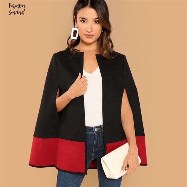 

casual black round neck two tone open front cloak sleeve cape coat streetwear outerwear modern lady coat new, White;black