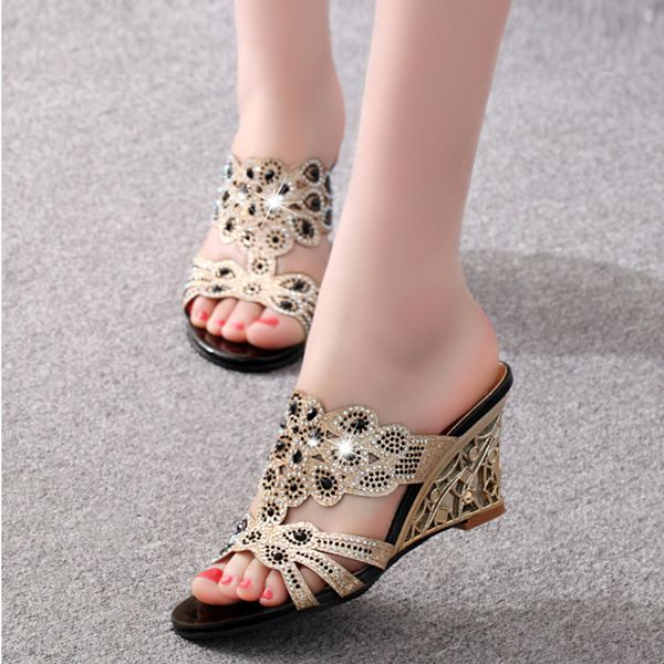 

bling women sandals summer fashion high heel sandals crystal casual ladies shoes high heels rhinestone slippers q409 y200702, Black