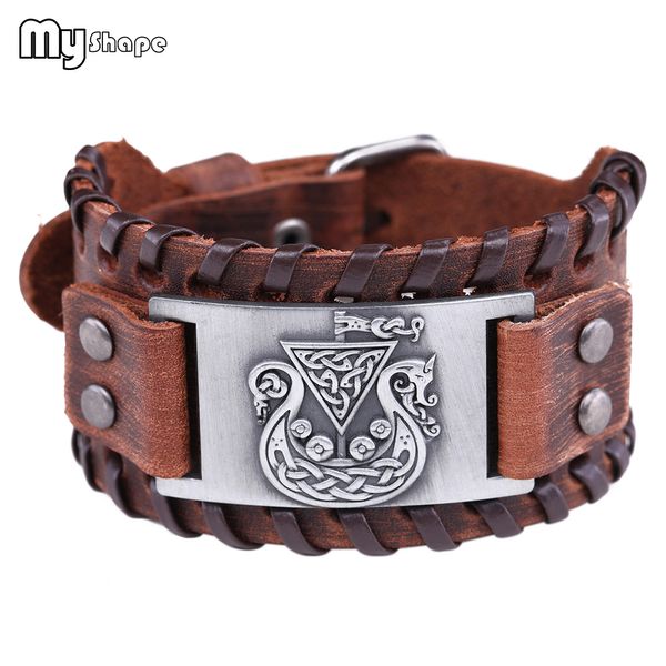 

my shape ce ltic symbol bracelets viking bangles hidden dragon irish knot amulet wide braided genuine leather bracelet men, Black