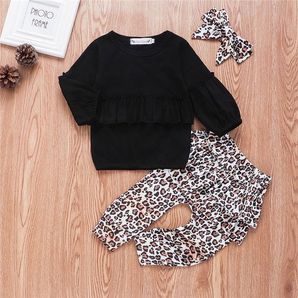 

newborn baby girls clothes solid pullover long sleeve round neck leopard print ruffle pants bow headband 3pc autumn outfits, White
