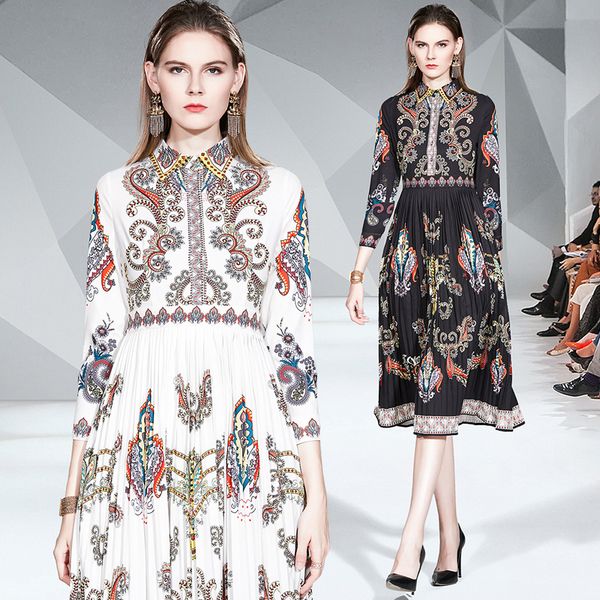 

quality autumn long-sleeved print retro dress women designer dresses runway 2019 pleated party dress lange, Black;gray