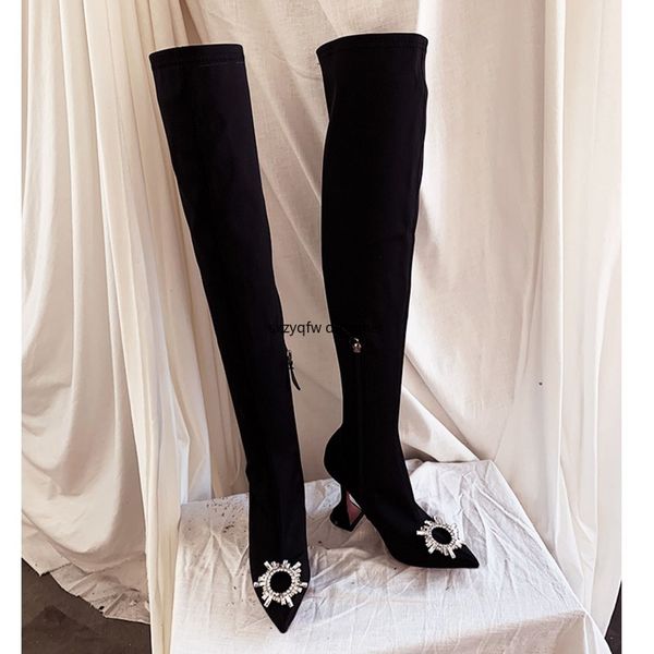 

black suede point toe crystal flower decor women stretch boots over-the-knee high thin heels boots luxury stylish sock boot lady