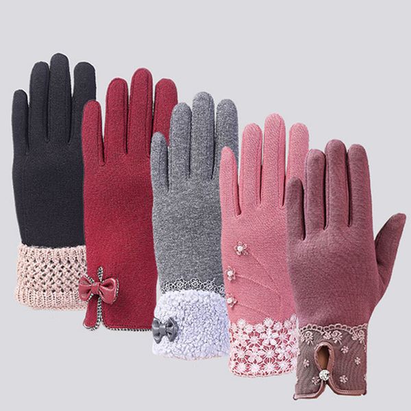

winter autumn warm bow soft wrist gloves mittens cashmere full finger guantes mujer handschoenen elegant womens gloves screen, Blue;gray