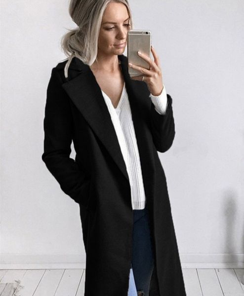 

elegant solid slim long women wool coat long pockets winter jacket open stitch turn-down collar black cashmere coat 2018