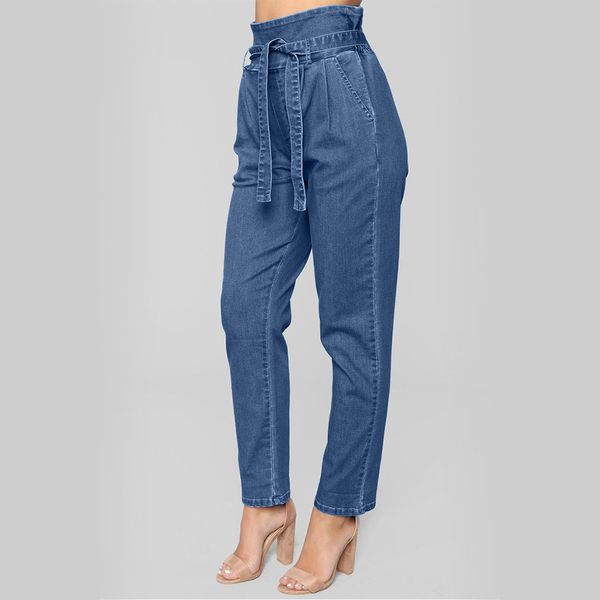 

2019 fashion ladies bravo wonderful jeans denim bandage female high waist stretch large size jeans pencil vaqueros mujer, Blue