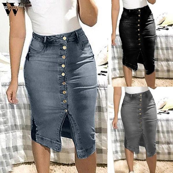 

womail women skirt short denim skirts for women mini plus size skirts buttons pockets split bandage jeans skirt high waist m523, Black