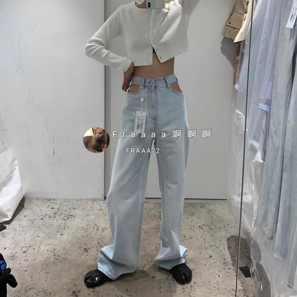 

2020 spring summer women waist hollow out jeans trousers wide leg pants, Blue