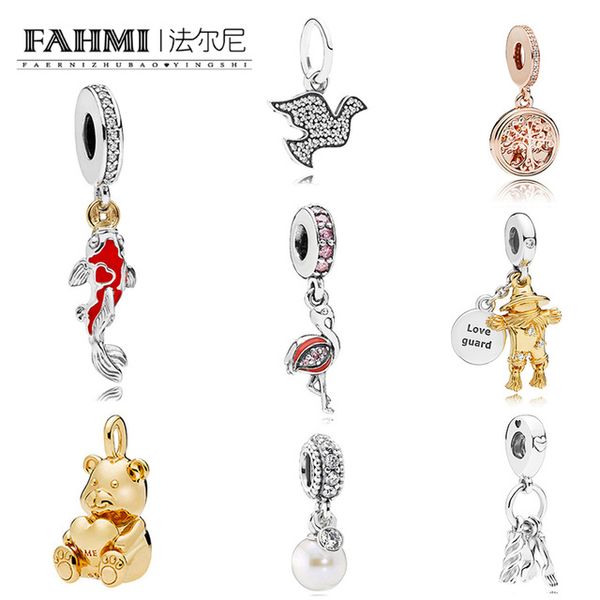 

fahmi 100% 925 sterling silver bear scarecrow flamingo pigeon good fortune carp hanging charm luminous dangle for diy bracelet, Black