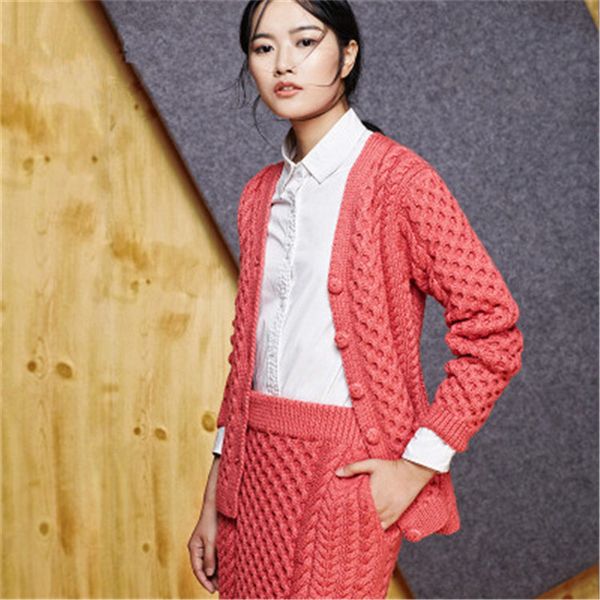 

100% hand made pure wool vneck twisted knit women solid single breasted h-straight short cardigan suit one&over size, White