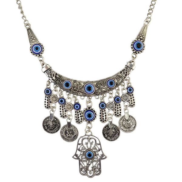 

occident vintage alloy silver plated fatima hand buddha hand coin pendant tassel statement necklace women fashion jewelry cx371