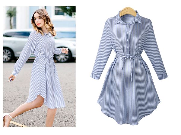 

Autumn European Style Women Dress Striped Polyester Long Sleeve Belt Feamle Vestidos Bow Adjust-Waist Street Robe Brand Design