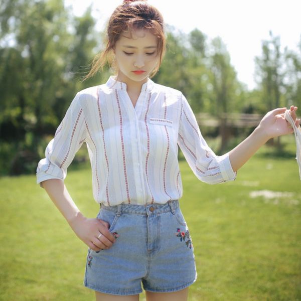 

fashion women half sleeve fashion striped shirt ladies chiffon casual loose blouse loose clothes spring summer, White