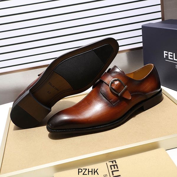 

2019 new zapatos formales de cuero genuino hecho a mano con correa monje marron y estilo europeo para oficina ing, Black