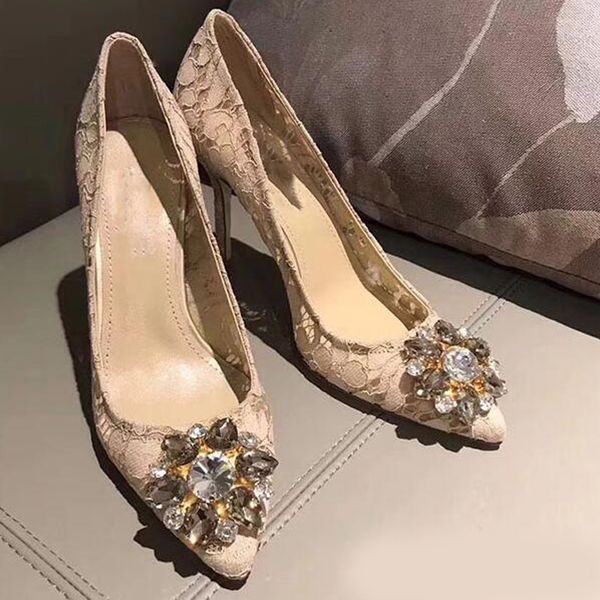 

2020 designer shoes lace rhinestone mesh hollow out women pumps high heels flowers crystal pink party lady shoes woman 6cm or 9cm heel, Black