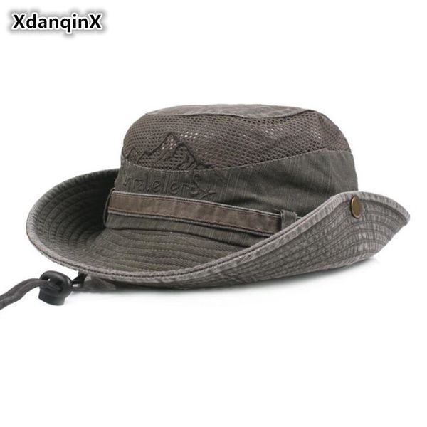 

xdanqinx men's hat summer retro 100% cotton ventilation bucket hats fashion wind rope fixed dad's sun hat new fishing cap