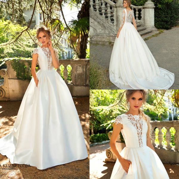 

a line satin wedding dresses 2019 bateau neck lace appliqued cap sleeve boho bridal gowns sweep train summer bohemian wedding dress, White