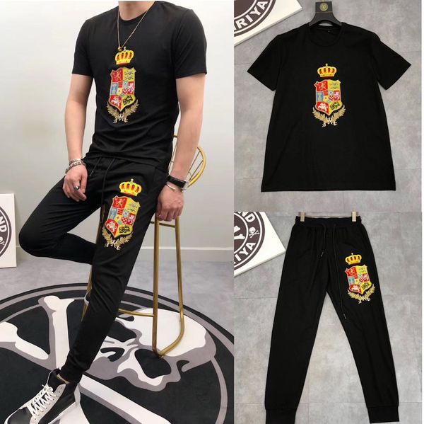 

мужской костюм лето 2019 новый европейский вокзал вышивка медаль корона футболка с коротким рукавом социальные мальчики два костюма, Gray
