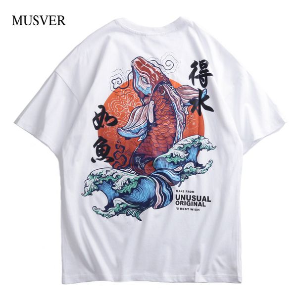 

musver retro chinese character hip hop tshirt men 2019 summer fashion harajuku koi fish print cotton streetwear male tees, White;black