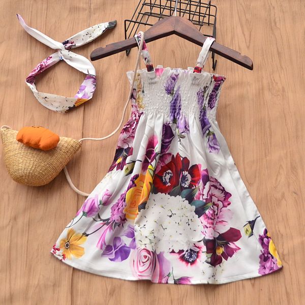 

New Summer Girl Clothes Dresses Full Flower Print Sleeveless Suspender Dress +headband Summer Princess Girls Dresses