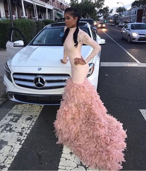 

modest long sleeve full blush pink feather prom dresses high neck mermaid evening party gown vestido de fiesta 2020, Black