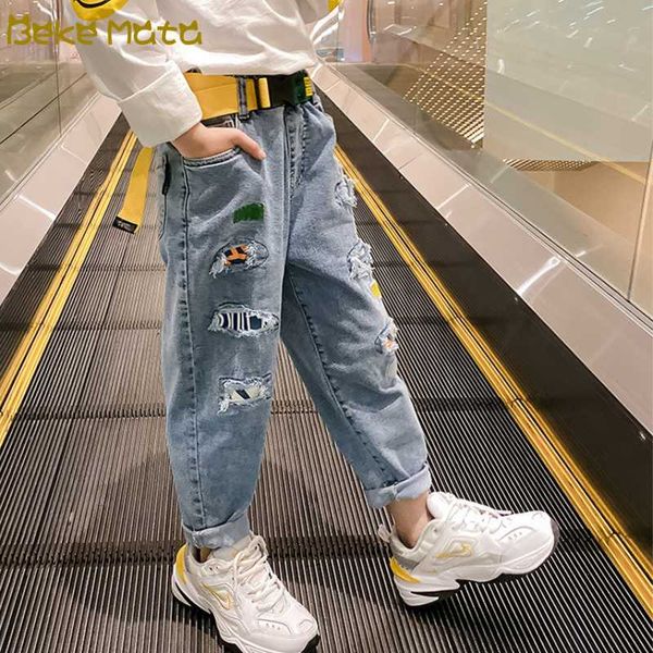 

рваные джинсы для девочек-подростков 2020 spring letter джинсового ans брюки детские бутики карандаш брюки 3 до 10 лет, Blue