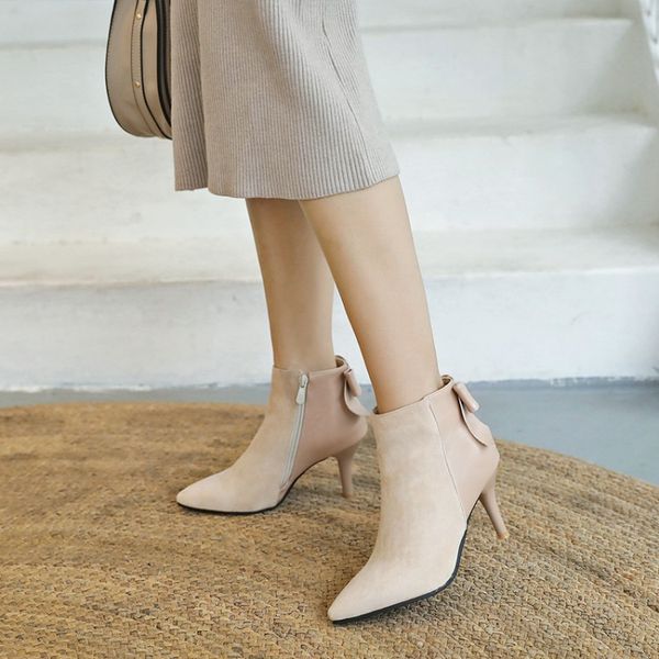 

faliang plus size 11 12 13 14 15 16 17 замшевые боковые молнии на высоком каблуке с узлом-бабочкой и короткими бочонками модные сапоги, Black