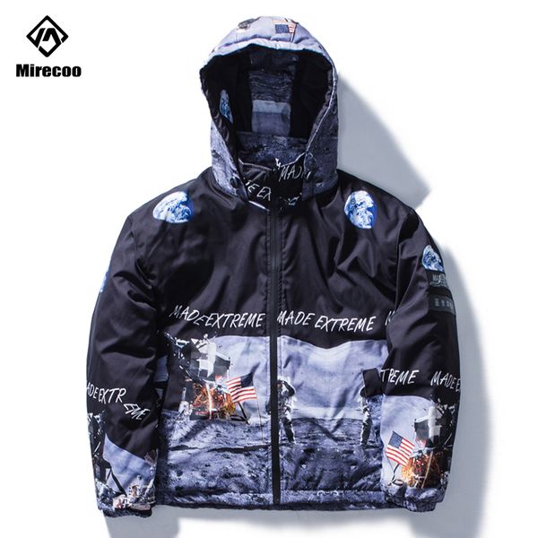 

mirecoo hip hop hooded jacket parka astronaut printed harajuku streetwear men windbreaker design winter jacket coat clothing, Black