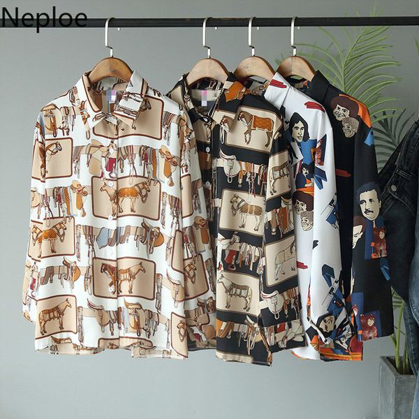 

neploe мультфильм печати женщины блуза весна 2020 мода turn down воротник однобортный женские рубашки с длинным рукавом повседневная top4990, White