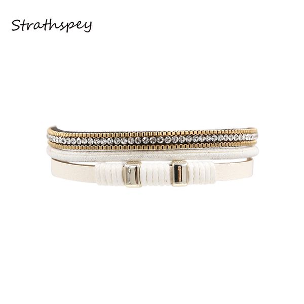 

strathspey handmade triple leather wrap bracelet for women magnetic clasp rhinestone wrap bracelets jewelry personalized gift, Golden;silver