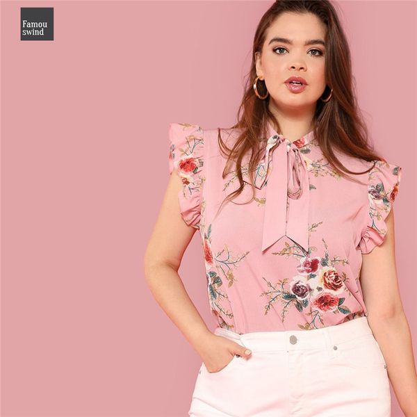 

floral print women blouses pink ruffle sleeve tie neck plus size blouse elegant summer fashion office lady sleeveless spandex, White
