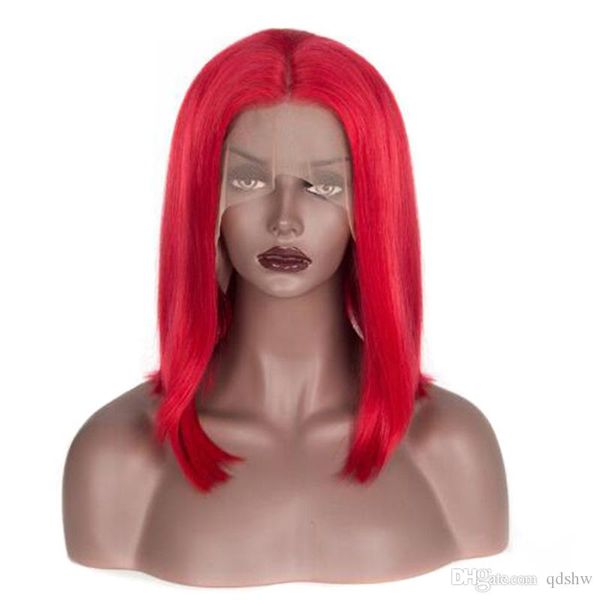 Red Lace Front Human Hair Wig Bob Short Pre Plucked Straight
