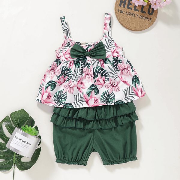 

baby Girl Summer Clothing sets Full Flower Print Suspender Shirt +Green Short Summer 100% cotton Soft Girl Clothing set