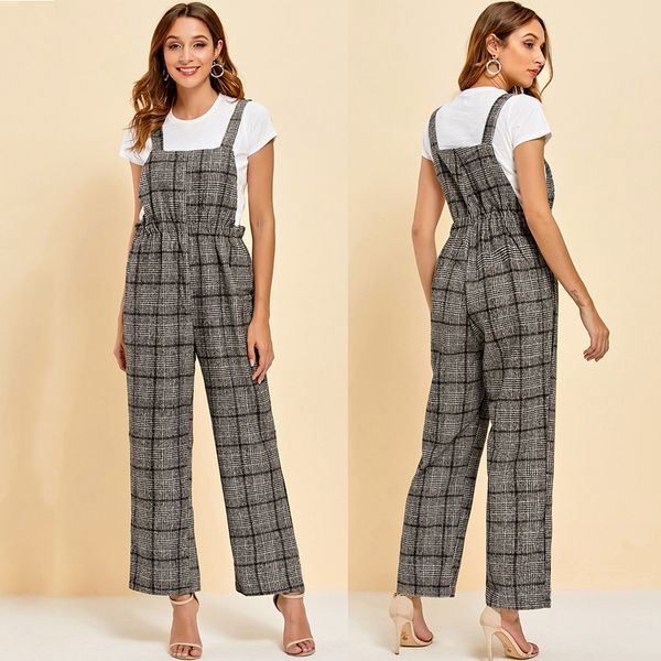 

fashion casual plaid strap high waist trousers corset straight bib pants women fashion print lattice high waisted slim jumpsuit, Black;white