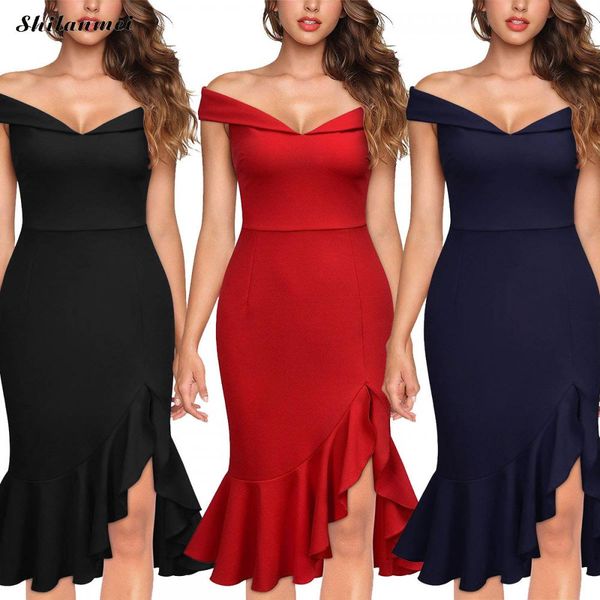 

Backless Sexy Evening Party Dress Women Off Shoulder Summer Dress 2019 Female Elegant Slash Neck Ruffle Irregular Vestidos