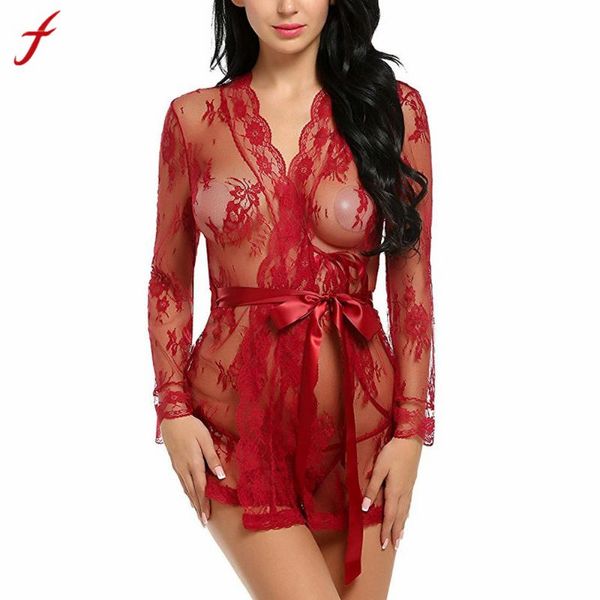 

feitong 2017 four seasons new women nightwear plus size s~xxl lace nightgown sleepwear dress g-string underwear, Black;red