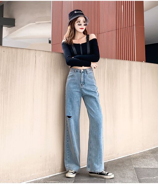 

destroyed hole korean denim jeans womens blue loose high waisted jeans pants office lady fashion harajuku boyfriend pants