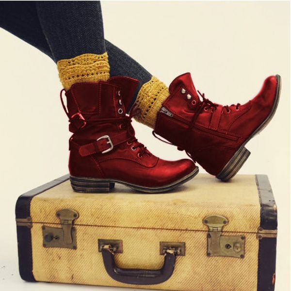 

shujin women boots winter punk ladies new pointed toe square buckle straphead short boots female casual, Black