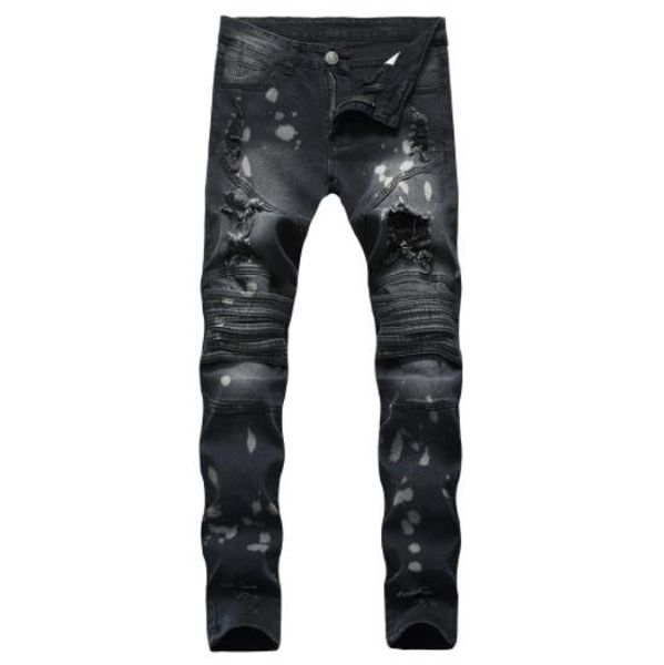 

designer mens jeans washed and rumpled fashion ripped jeans luxury hip hop nightclub casual pants for men, Blue